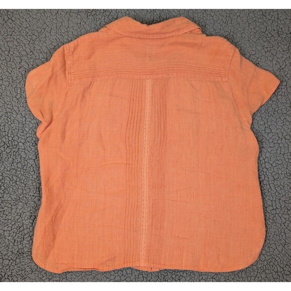 J Jill Top Button Up 100% Linen Eyelet Short Sleeve Size Medium Peach Pleated - Picture 4 of 13